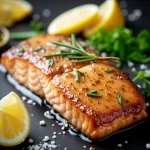 Close-up of honey garlic glazed salmon fillets garnished with green onions.