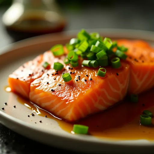 Sweet Meets Savory: The Honey Garlic Salmon You’ll Crave Close-up of honey garlic salmon fillets with a glossy glaze, garnished with green onions.