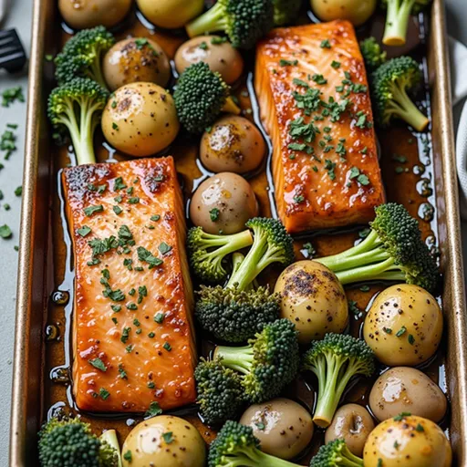 One-Pan Wonder: Honey Garlic Salmon That Transports You Home Close-up of honey garlic salmon on a sheet pan with potatoes and broccoli.