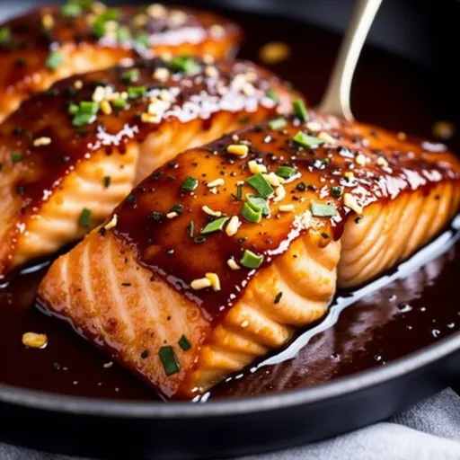 A Sweet and Savory Adventure: Honey Garlic Soy Glazed Salmon That Will Steal Your Heart Close-up of Honey Garlic Soy Glazed Salmon fillets drizzled with sauce, garnished with sesame seeds and green onions.