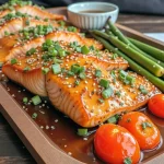 A close-up of crispy honey garlic salmon fillets garnished with green onions and lemon wedges, presented on a plate.