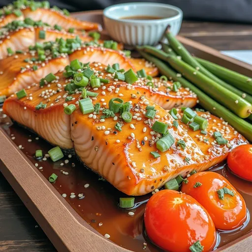 30 Minutes to Bliss: The Crispy Honey Garlic Salmon That Brightens My Dinner Table A close-up of crispy honey garlic salmon fillets garnished with green onions and lemon wedges, presented on a plate.