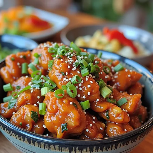 Close-up of Thai Sweet Chili Chicken garnished with green onions and sesame seeds.