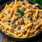 A close-up shot of creamy beef pasta with grated parmesan and fresh parsley on top.