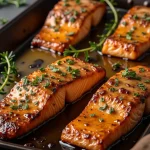 Close-up of a beautifully plated One Pan Honey Garlic Butter Salmon with parsley garnish.