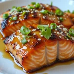 Close-up shot of glazed honey garlic salmon fillets with a soft, blurred background.