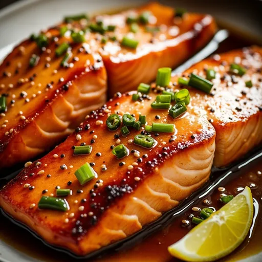 Close-up of honey soy salmon fillets garnished with green onions and sesame seeds, served with rice.
