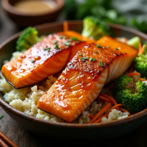 Close-up of a Honey Ginger Salmon Bowl featuring salmon, rice, broccoli, and colorful vegetables.