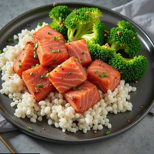 Close-up of golden-brown Honey Garlic Salmon Bites garnished with green onions on a rustic table.