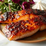 Close-up of honey garlic salmon fillet garnished with parsley and lemon wedges.