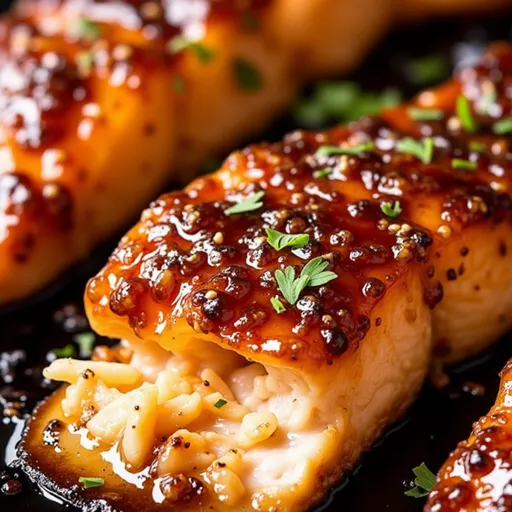 A Sweet Symphony on Your Plate: Honey Garlic Glazed Salmon Close-up of Honey Garlic Glazed Salmon with a warm, inviting background.