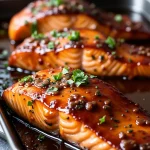 Close-up shot of Honey Garlic Glazed Salmon fillet garnished with fresh parsley, showcasing a golden glaze.