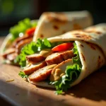 Close-up of a Chicken Shawarma Wrap filled with sliced chicken, lettuce, tomato, and cucumber, drizzled with garlic sauce.
