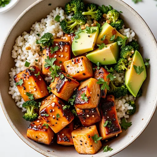 The Honey Glazed Salmon Bowl That Makes Weeknight Dinners Feel Like a Celebration Close-up of a honey glazed salmon bowl with rice, broccoli, and avocado.