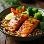 A close-up shot of Honey Garlic Salmon Soba Noodle Bowls with vibrant vegetables.