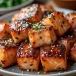 Close-up of shiny Honey Garlic Salmon Bites garnished with green onions and sesame seeds.
