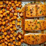 Close-up of Honey Mustard Salmon served with golden Garlic Butter Sweet Potatoes.