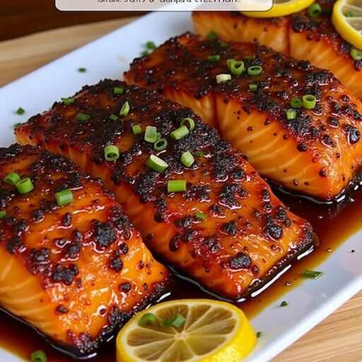 A Whimsical Journey with Air Fryer Honey Garlic Salmon: Your New Go-To Dinner Delight Close-up of air fryer honey garlic salmon fillets on a plate, garnished with green onions and lemon wedges.