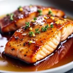 Close-up of honey glazed salmon fillet garnished with parsley and lemon.