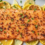 Close-up of oven-baked garlic butter salmon fillets with a golden glaze and herbs.