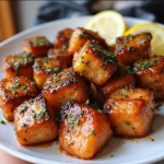 Close-up shot of honey garlic salmon bites on a plate with a warm, natural glow.