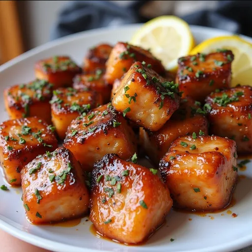 Little Bites of Bliss: Air Fryer Honey Garlic Salmon for a Quick Dinner Close-up shot of honey garlic salmon bites on a plate with a warm, natural glow.