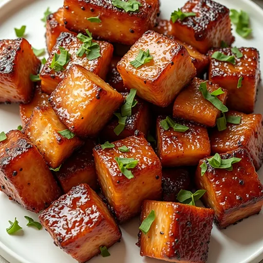 Bite-Sized Bliss: The Air Fryer Salmon Recipe That Will Steal Your Heart Close-up shot of crispy honey garlic salmon bites garnished with green onions and sesame seeds.