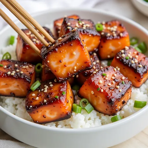 Sweet Meets Savory: The Honey Garlic Salmon Bites You’ll Crave Close-up of honey garlic salmon bites on a plate with vibrant colors and garnished with green onions.