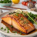 Close-up of honey garlic glazed salmon fillet, drizzled with sauce and garnished with herbs.