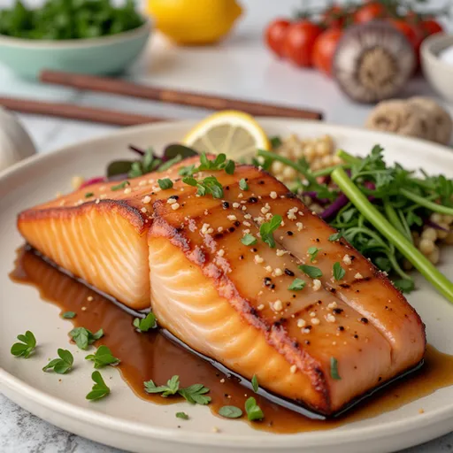 A Sweet and Savory Symphony: The Honey Garlic Glazed Salmon That Steals the Show Close-up of honey garlic glazed salmon fillet, drizzled with sauce and garnished with herbs.