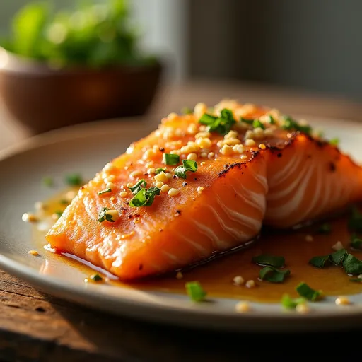 The Irresistible Honey Garlic Salmon That Will Make Your Taste Buds Dance Close-up view of crispy honey garlic salmon fillets garnished with green onions and sesame seeds.