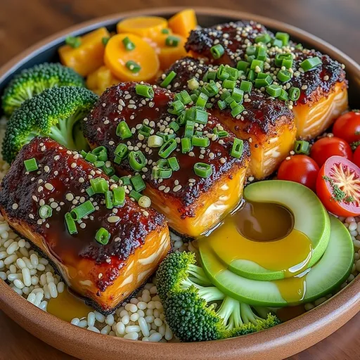 Dive Into Flavor: These Sweet and Spicy Honey Glazed Salmon Bowls Will Make Your Taste Buds Dance Close-up shot of a honey glazed salmon bowl featuring salmon fillet, rice, broccoli, and carrots.