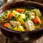 Close-up of a hearty slow cooker chicken stew with vegetables in a bowl.