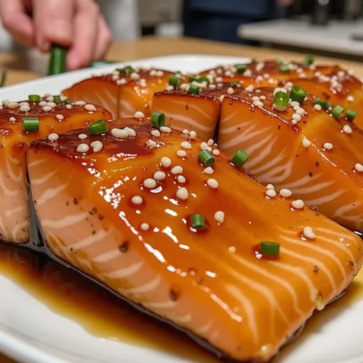 The Whimsical Honey Garlic Baked Salmon That Turns Dinner into a Date Night Close-up of Honey Garlic Baked Salmon garnished with green onions.