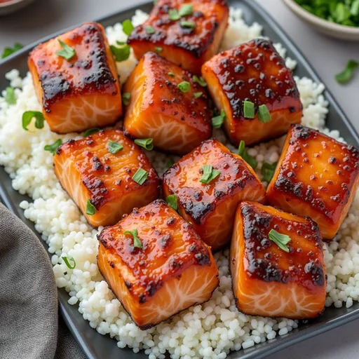 Close-up view of honey garlic salmon bites on a rustic plate, garnished with green onions.