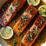 Close-up of honey garlic glazed salmon fillet garnished with green onions, showcasing a glossy glaze.