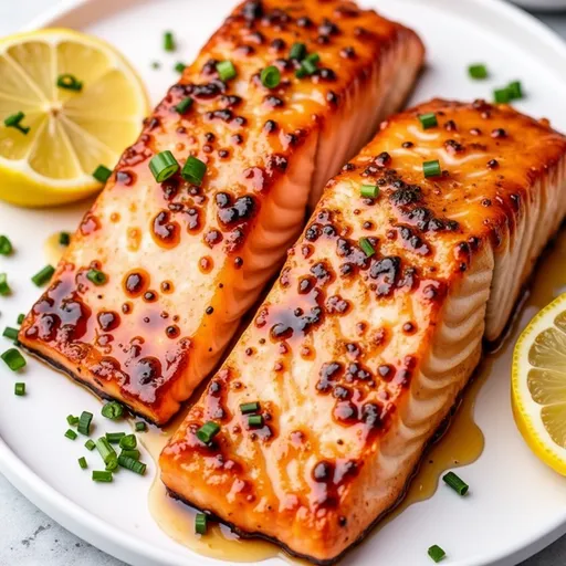 Close-up of a beautifully plated honey garlic salmon fillet with a golden glaze and lemon wedges.