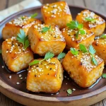 Close-up of crispy honey garlic salmon bites garnished with parsley, illuminated by warm natural light.