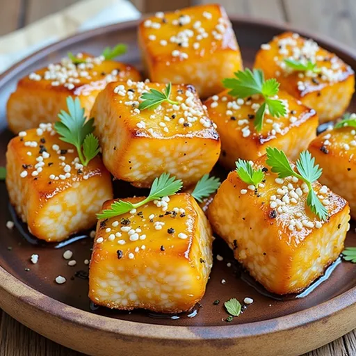 Close-up of crispy honey garlic salmon bites garnished with parsley, illuminated by warm natural light.