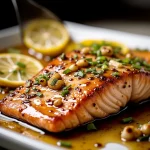 Close-up of honey garlic salmon fillet drizzled with sauce on a plate.