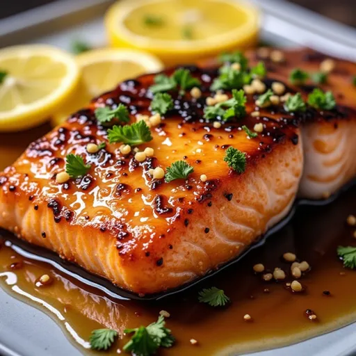 Close-up of crispy honey garlic glazed salmon on a plate, garnished with green onions.