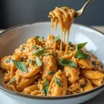 Close-up shot of creamy tomato garlic pasta with grated parmesan, illuminated by natural light.