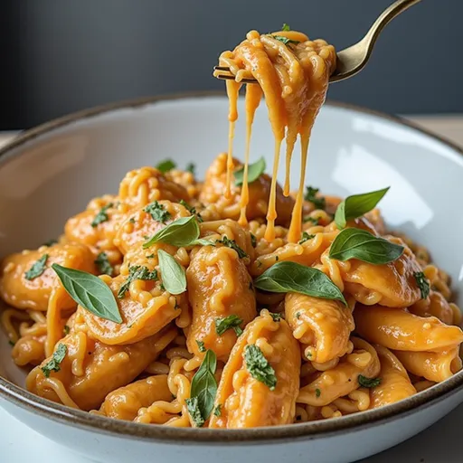 Close-up shot of creamy tomato garlic pasta with grated parmesan, illuminated by natural light.