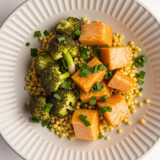 Close-up of a Lemony Salmon Couscous Bowl featuring diced salmon, pearl couscous, and broccoli.