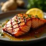 Close-up of glazed grilled salmon fillet, drizzled with honey-garlic sauce, garnished with lemon.