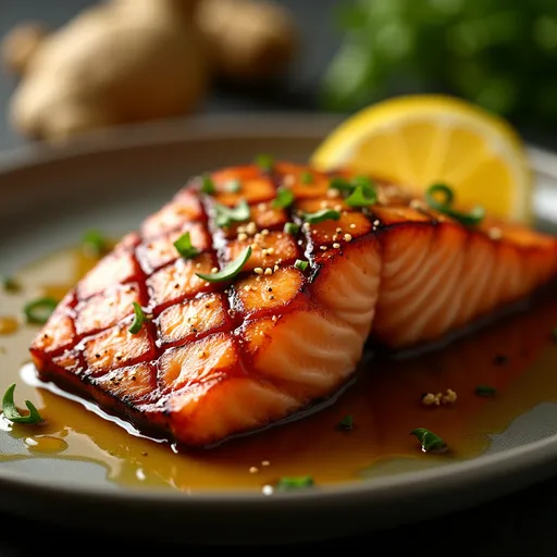 Close-up of glazed grilled salmon fillet, drizzled with honey-garlic sauce, garnished with lemon.