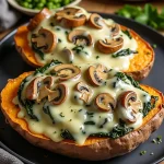 A close-up view of creamy mushroom-stuffed sweet potatoes topped with parsley.