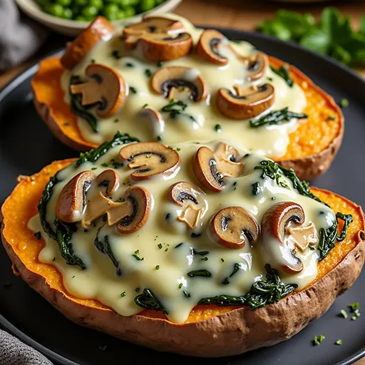 A close-up view of creamy mushroom-stuffed sweet potatoes topped with parsley.