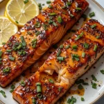 Close-up shot of golden-brown honey garlic salmon fillets garnished with green onions.