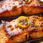 Close-up view of glazed salmon fillets drizzled with honey garlic sauce, garnished with green onions.